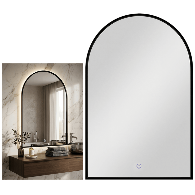 Arch-shaped mirror with black frame on a white background