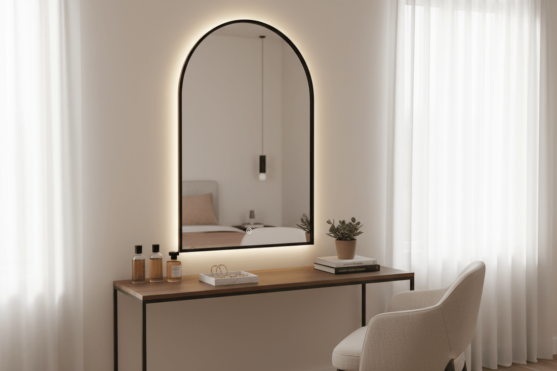 LED mirror with black frame and touch switch above a stylish South African guesthouse bathroom vanity, adjustable white lighting, clean tiles, no branding.