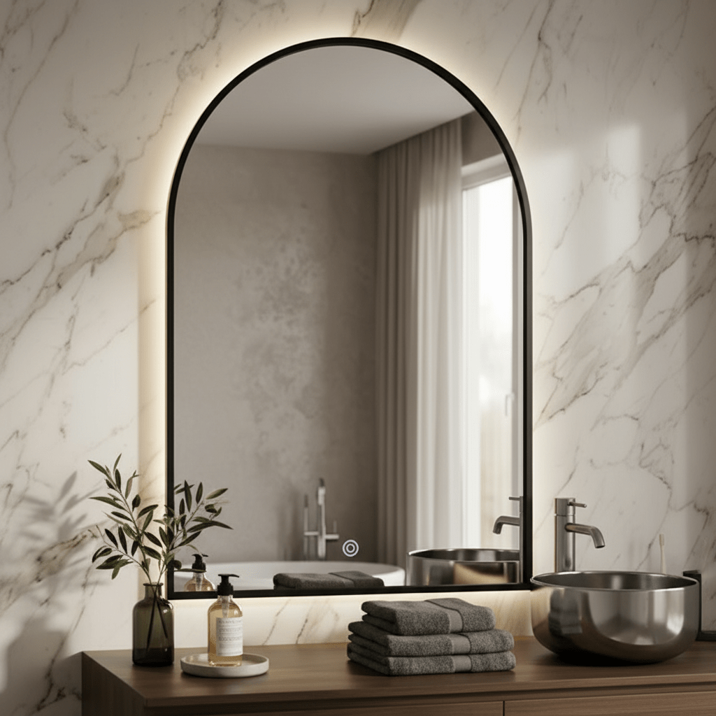 LED mirror with black frame and touch switch, featuring dimmable lighting, placed above a wooden vanity with towels and a