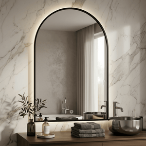 LED mirror with black frame and touch switch, featuring dimmable lighting, placed above a wooden vanity with towels and a