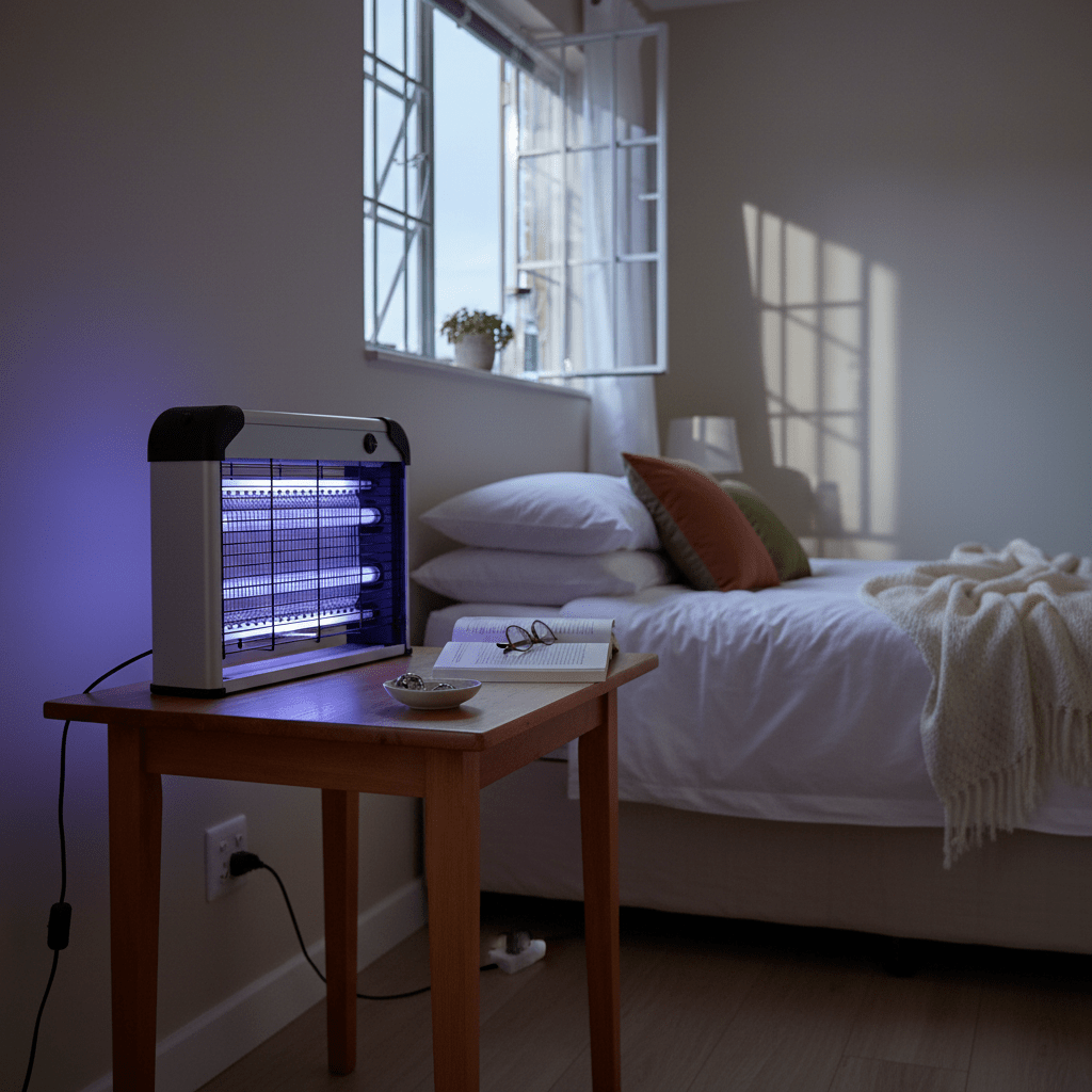 bedroom with a uv bug zapper