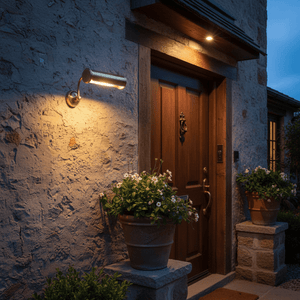 Antique brass wall lamp illuminating a textured wall near a wooden door, surrounded by potted plants.