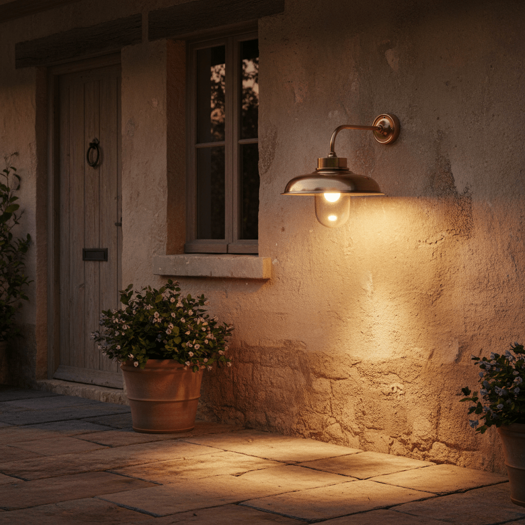 Antique brass wall lamp illuminating a textured wall beside a wooden door and potted plants.
