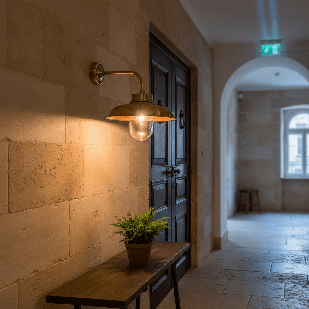 Antique brass wall lamp illuminating a hallway with a wooden table and potted plant.