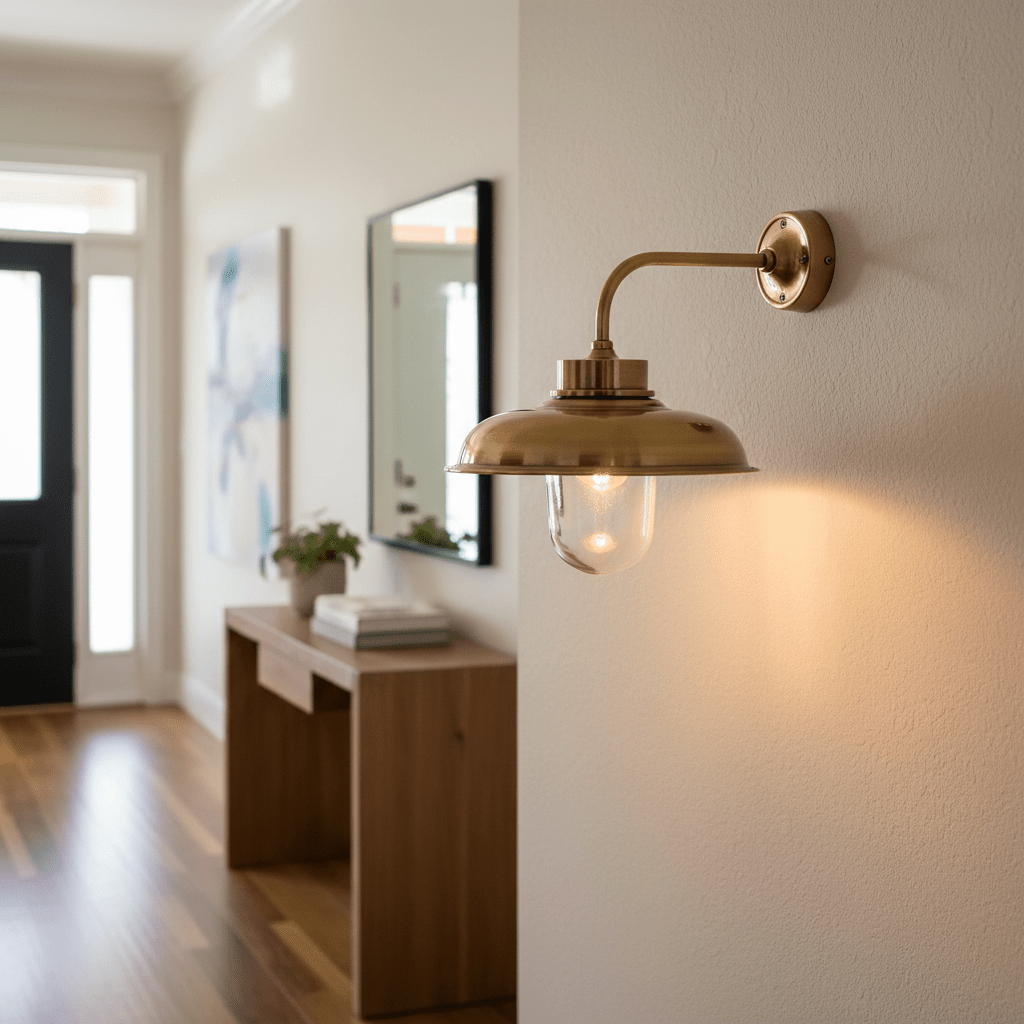 Antique brass wall lamp illuminating a hallway, with a wooden console table and mirror in the background.