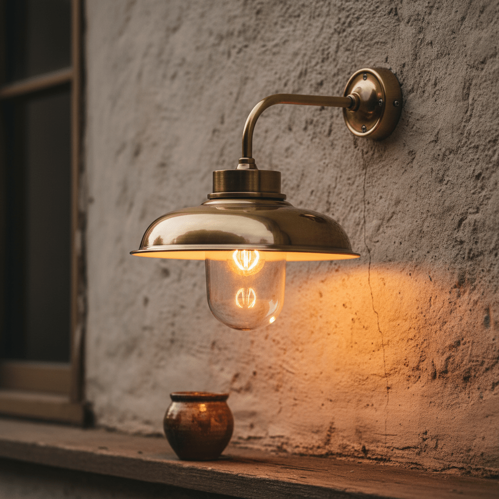 Antique brass wall lamp with a cone shade illuminating a glass bulb, mounted on a textured wall.