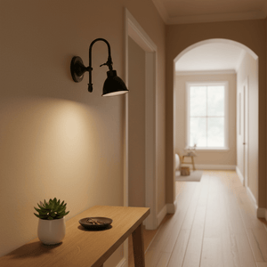 Matt black wall lamp with curved arm illuminating a hallway, placed above a wooden console table with decor.