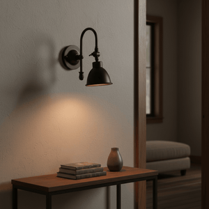 Matt black wall lamp with curved arm illuminating a wooden table with books and a vase.