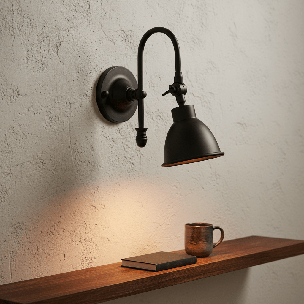 Matt black wall lamp with a curved arm illuminating a wooden shelf with a book and a mug.