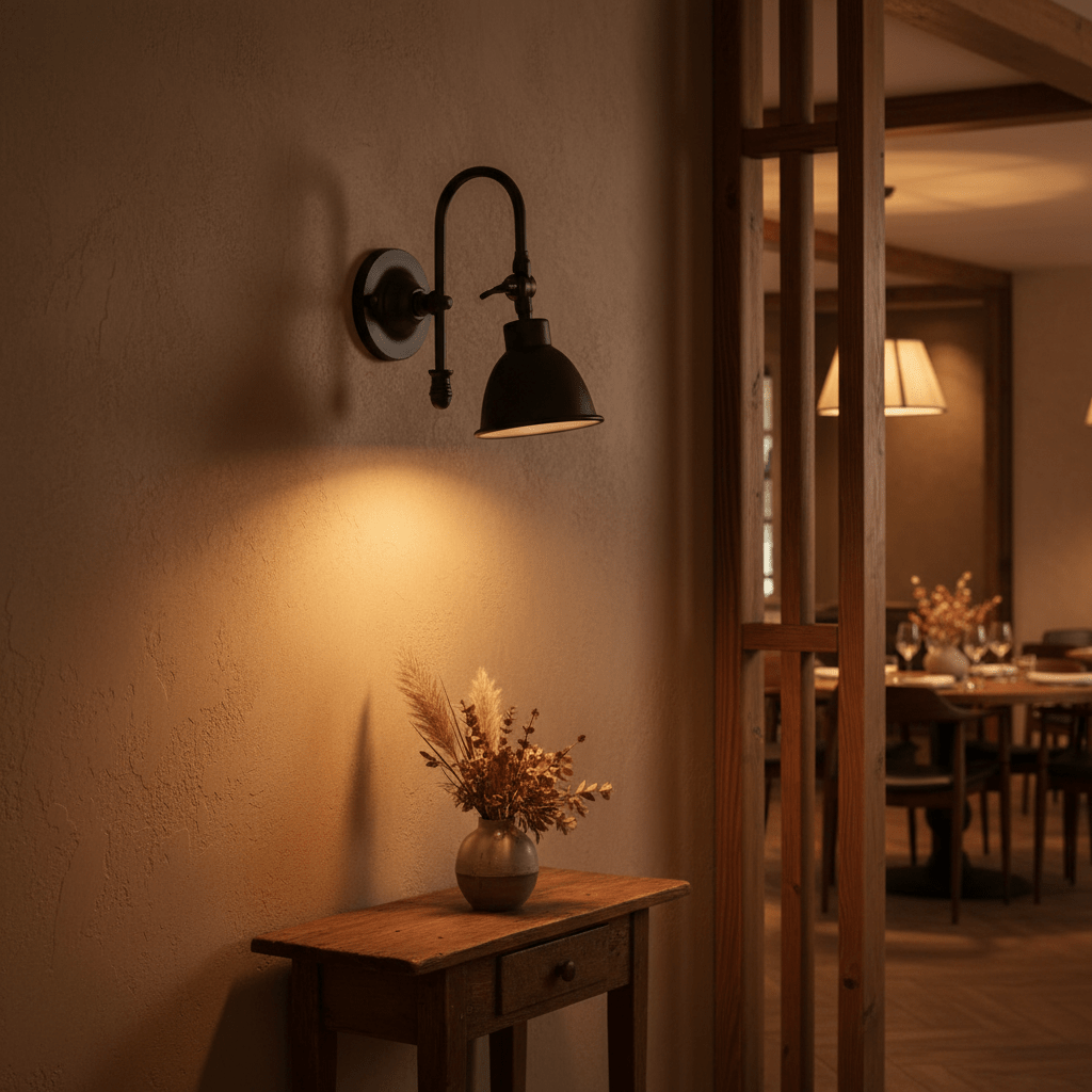 Matt black wall lamp with a curved arm illuminating a rustic wooden table with a vase of dried flowers.