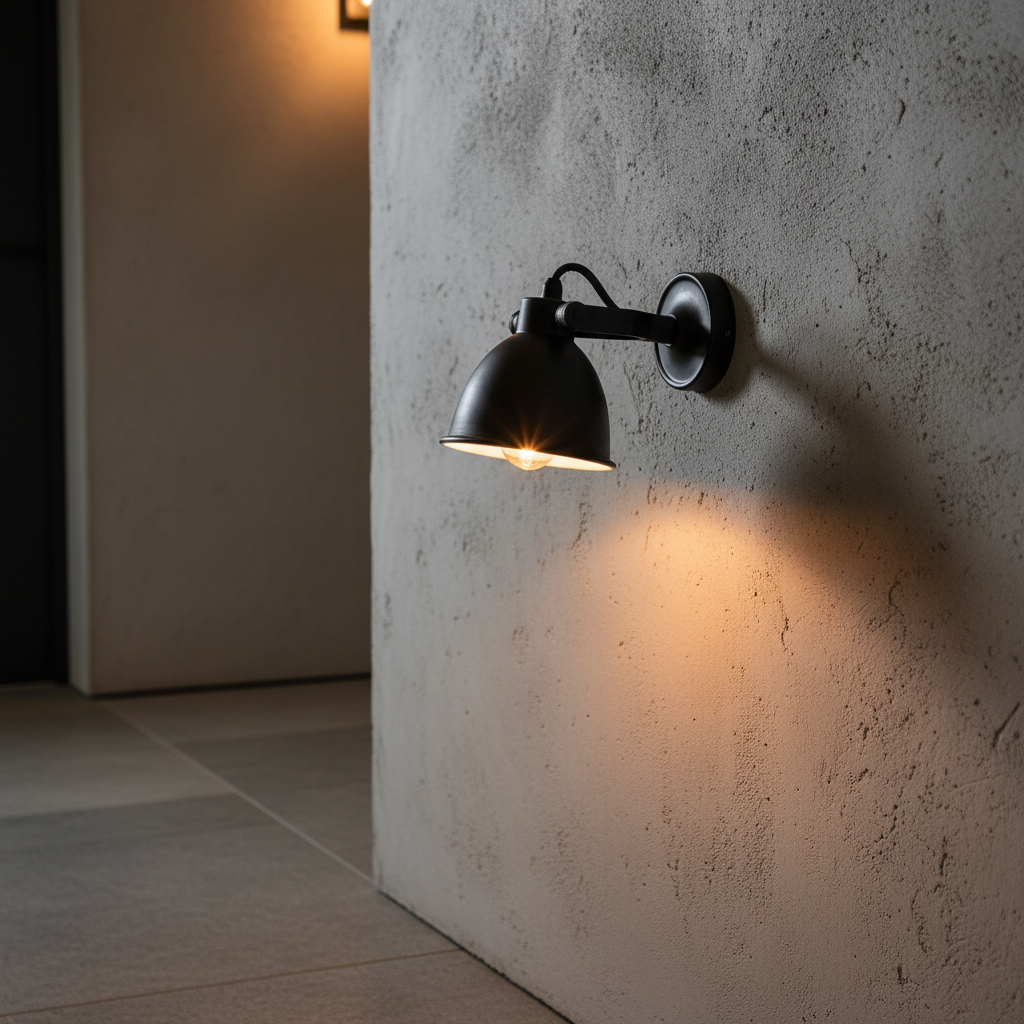 Maxim Cover wall lamp in matte black mounted on a textured wall, casting warm light below.