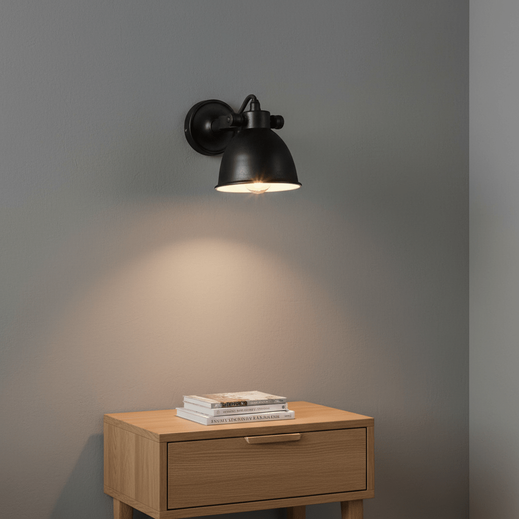 Adjustable black brass wall lamp mounted above a wooden nightstand with books.