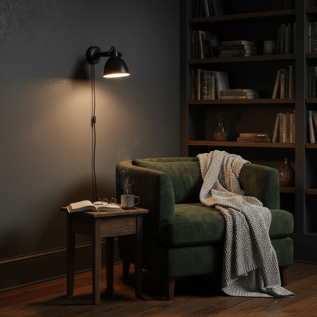 Maxim Cover Wall Lamp in matte black mounted above a green armchair with a cozy blanket and a coffee cup on a side table.
