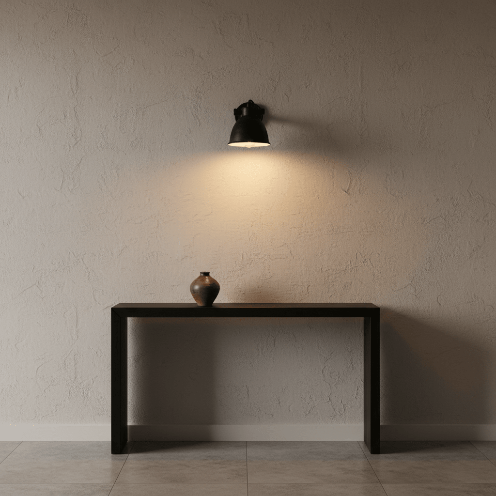 Adjustable black wall lamp illuminating a console table with a decorative vase.