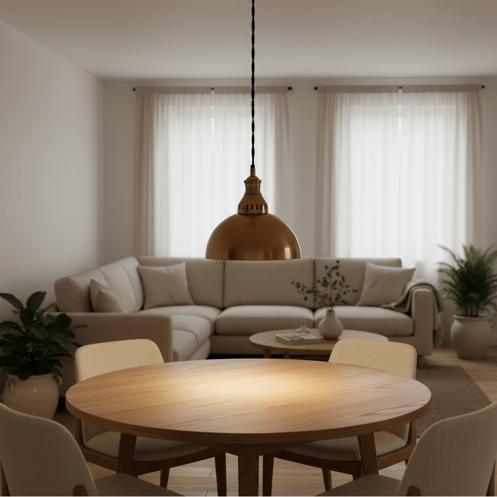 Antique brass pendant lamp hanging above a wooden dining table in a cozy living space.