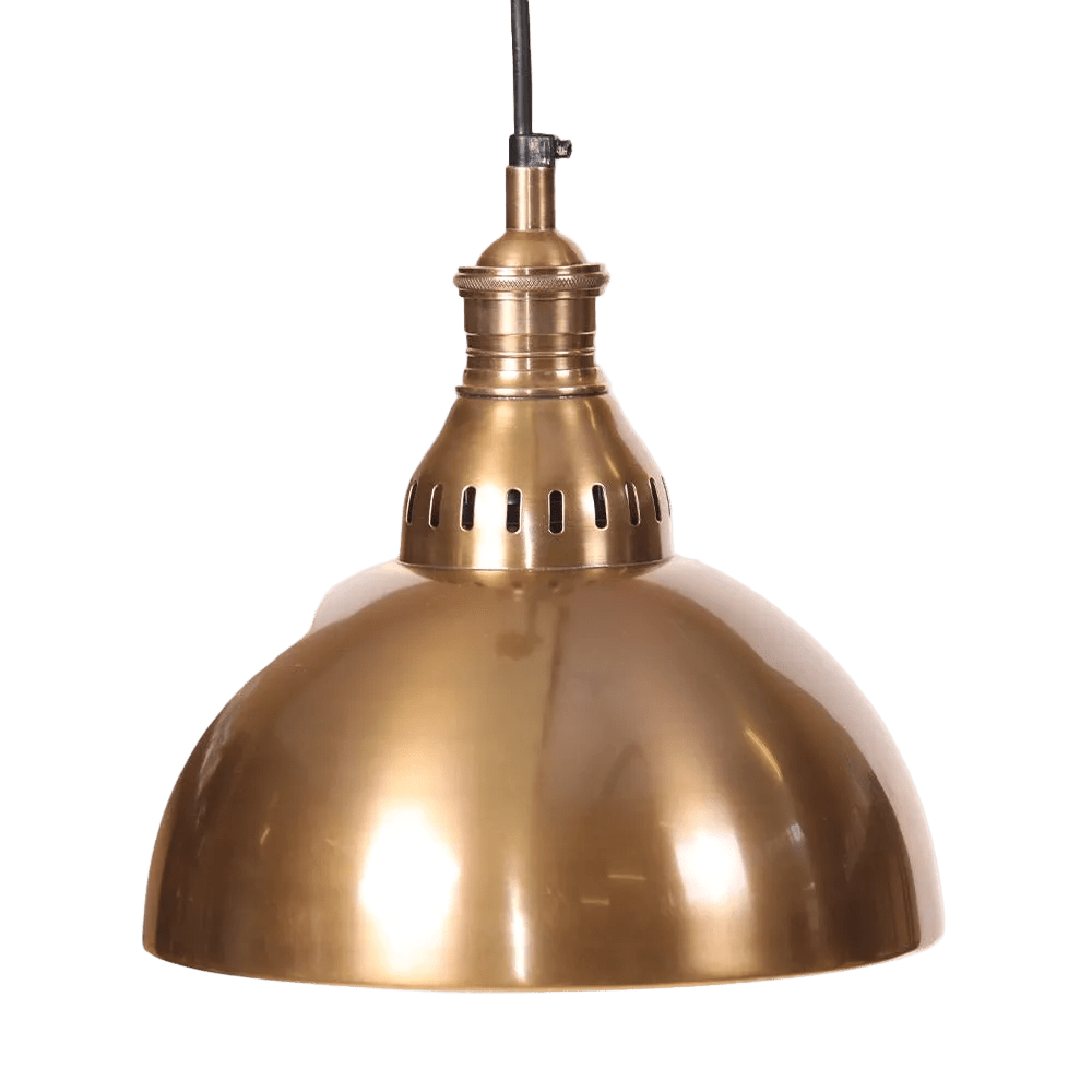Antique brass hanging lamp with a rounded shade and a decorative top, suspended by a black cord.