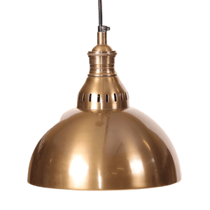 Antique brass hanging lamp with a rounded shade and a decorative top, suspended by a black cord.