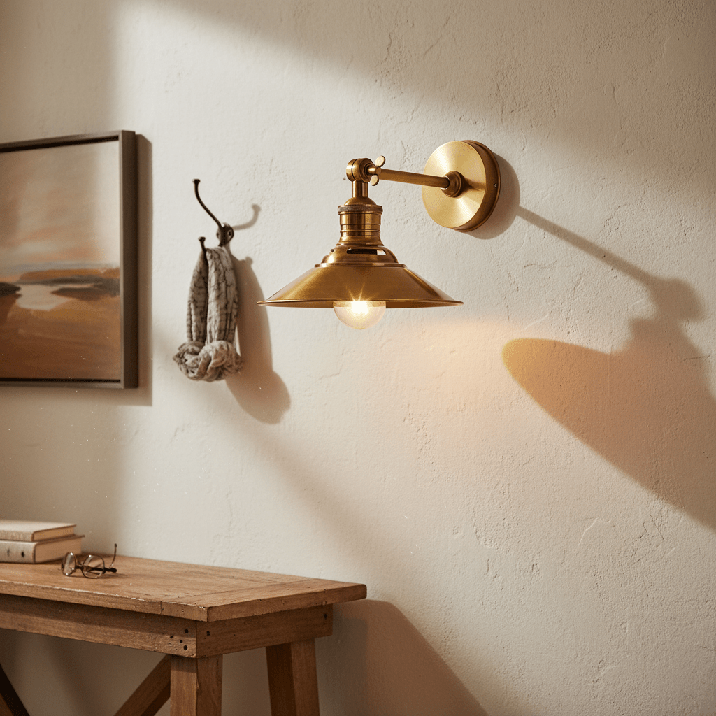 Antique brass wall lamp mounted on a textured wall, casting warm light and shadow, beside a wooden table.