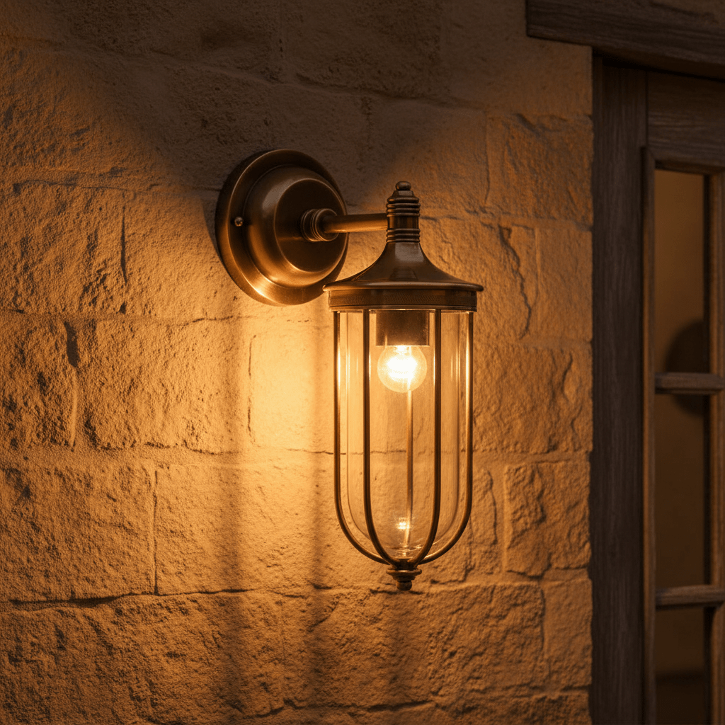 Antique brass outdoor wall lamp with clear glass enclosure mounted on a textured stone wall, illuminating the area.