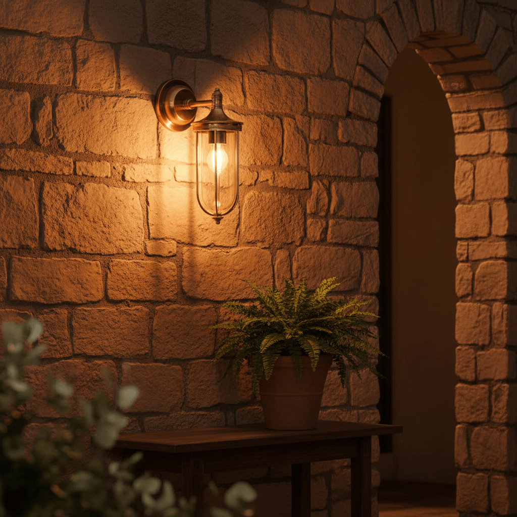 Antique brass outdoor wall lamp illuminating a stone wall, with a potted fern on a wooden table.