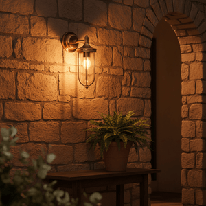 Antique brass outdoor wall lamp illuminating a stone wall, with a potted fern on a wooden table.