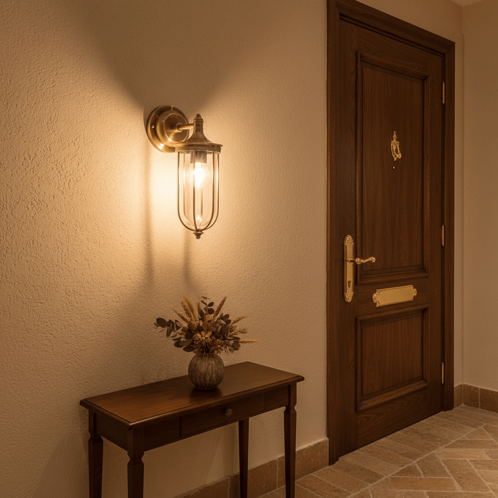 Antique brass wall lamp illuminating a hallway with a wooden table and decorative vase.