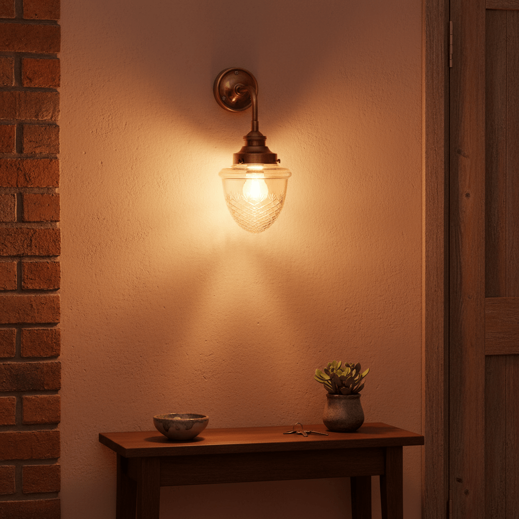 Antique brass wall lamp with cut glass shade illuminating a warm space, placed above a wooden console table.