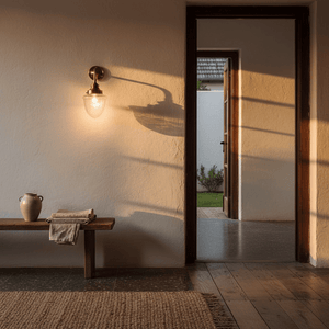 Antique brass wall lamp illuminating a cozy interior with a wooden bench and a doorway leading outside.