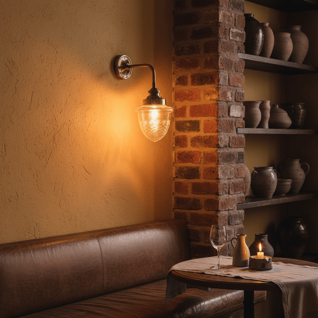 Antique brass wall lamp with cut glass shade illuminating a cozy seating area with rustic decor.