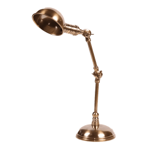 Antique brass desk lamp with adjustable articulated arm, domed shade and round base on transparent background