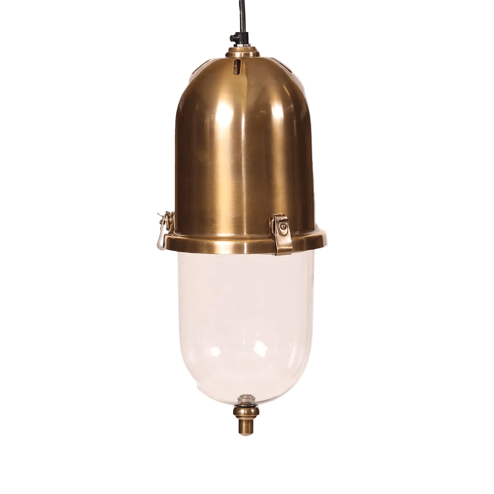 Antique brass hanging lamp with a rounded top and clear glass bottom, featuring metal clips for attachment.