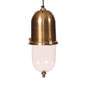 Antique brass hanging lamp with a rounded top and clear glass bottom, featuring metal clips for attachment.