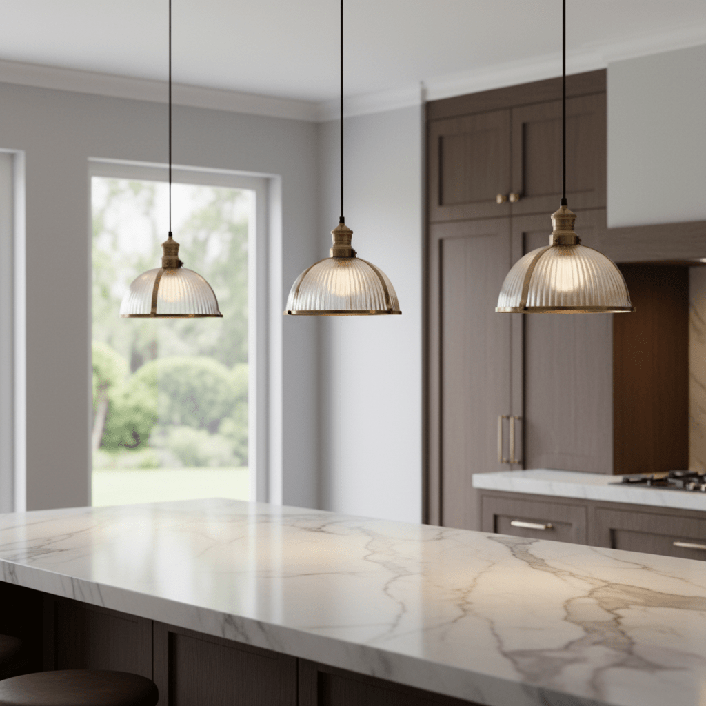 Three Salina Hanging Lamps in antique brass above a kitchen island, showcasing ribbed glass shades.