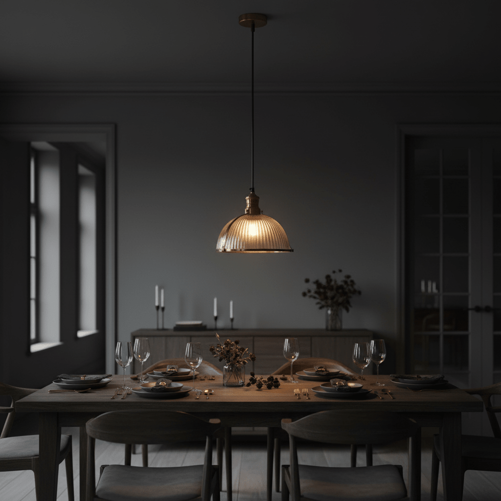 Salina Hanging Lamp in antique brass above a dining table, showcasing ribbed glass shade and warm glow.