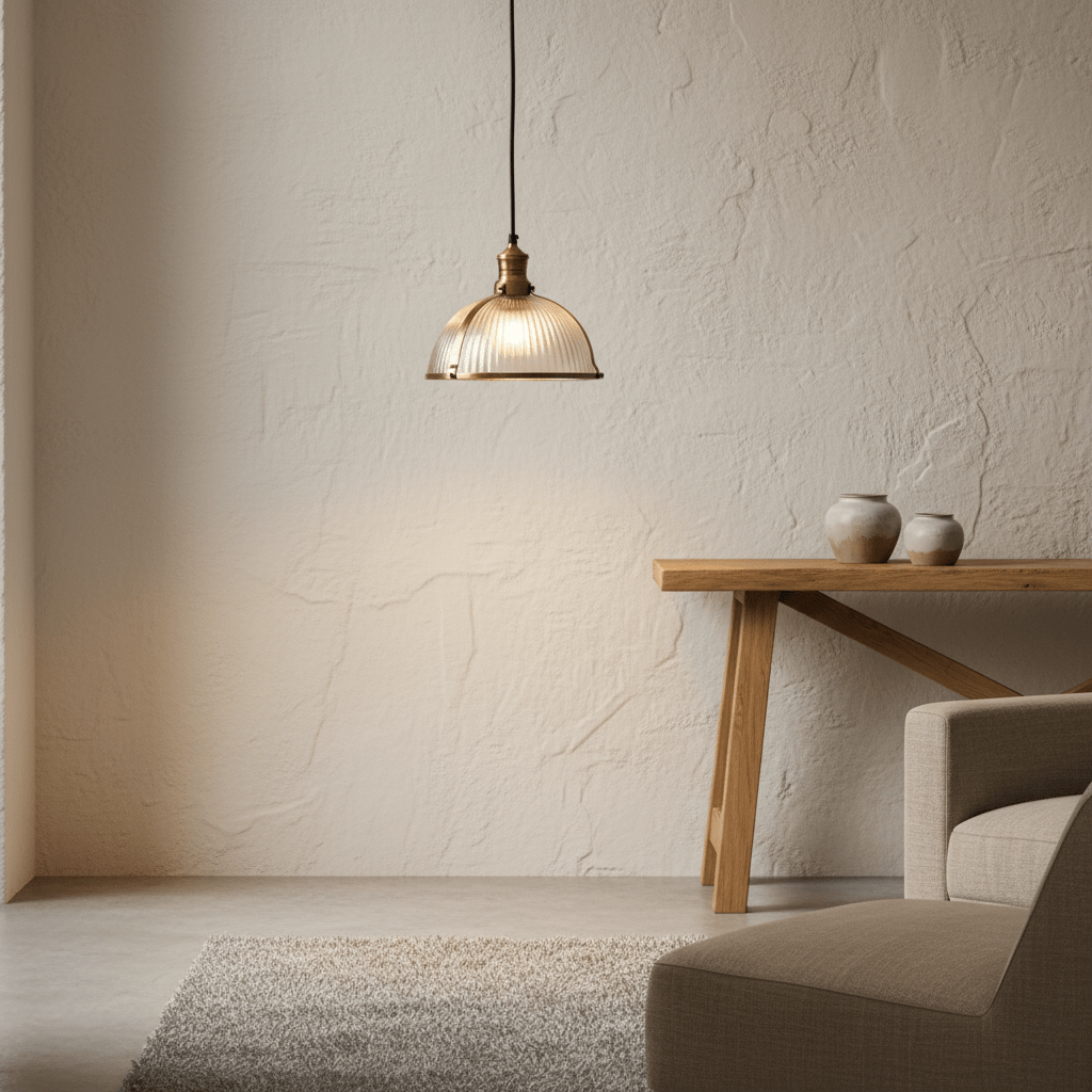 Salina Hanging Lamp in antique brass above a wooden table, ribbed glass shade visible, warm ambiance.