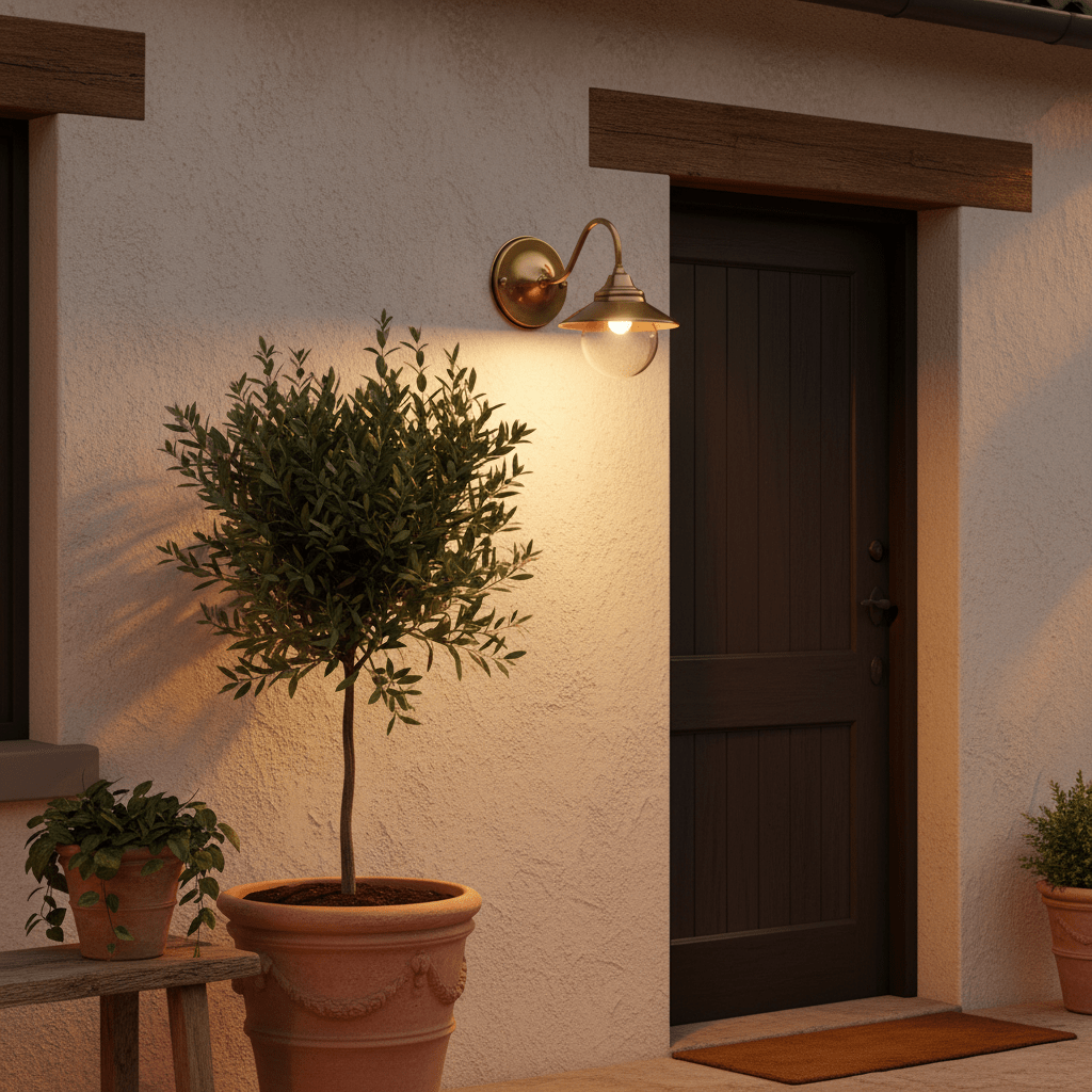 Antique brass outdoor wall lamp illuminating a doorway, surrounded by potted plants.