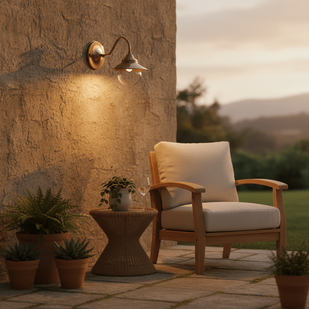 Antique brass outdoor wall lamp illuminating a cozy seating area with plants and a side table.