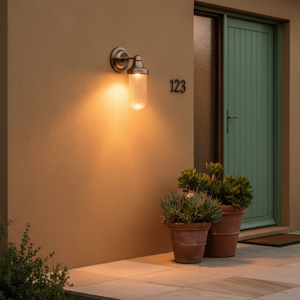 Fabio Hanging Wall Lamp illuminating a doorway, surrounded by potted plants on a patio.