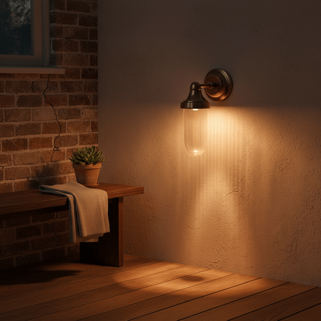Fabio Hanging Wall Lamp in antique brass illuminating a rustic outdoor setting with a wooden bench and potted plant.