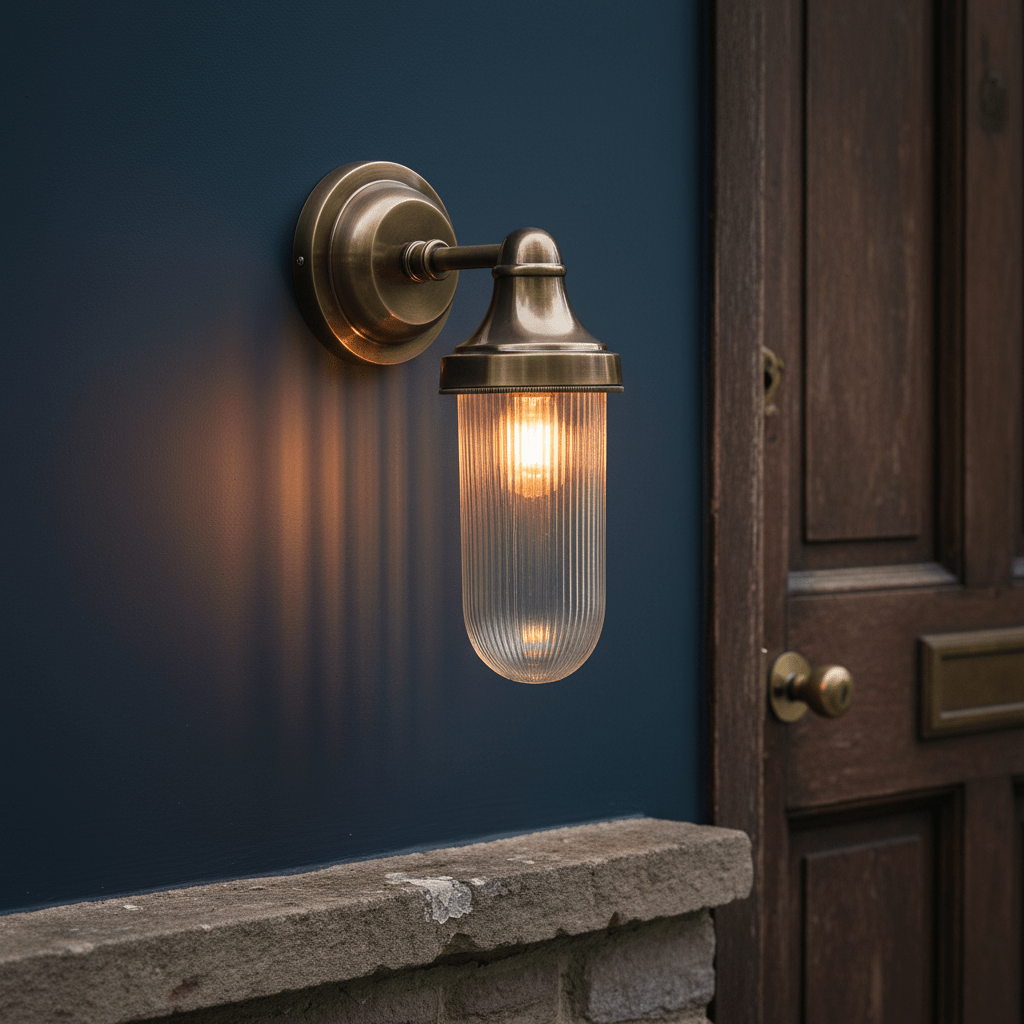 Fabio Hanging Wall Lamp in antique brass mounted on a blue wall, illuminating a textured glass diffuser.