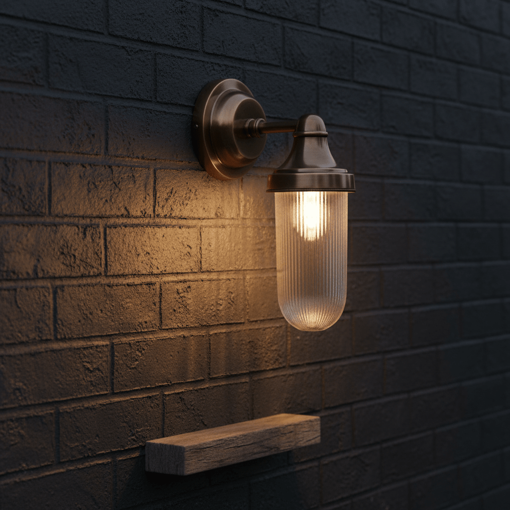 Fabio Hanging Wall Lamp in antique brass mounted on a textured dark brick wall, illuminating a wooden shelf below.