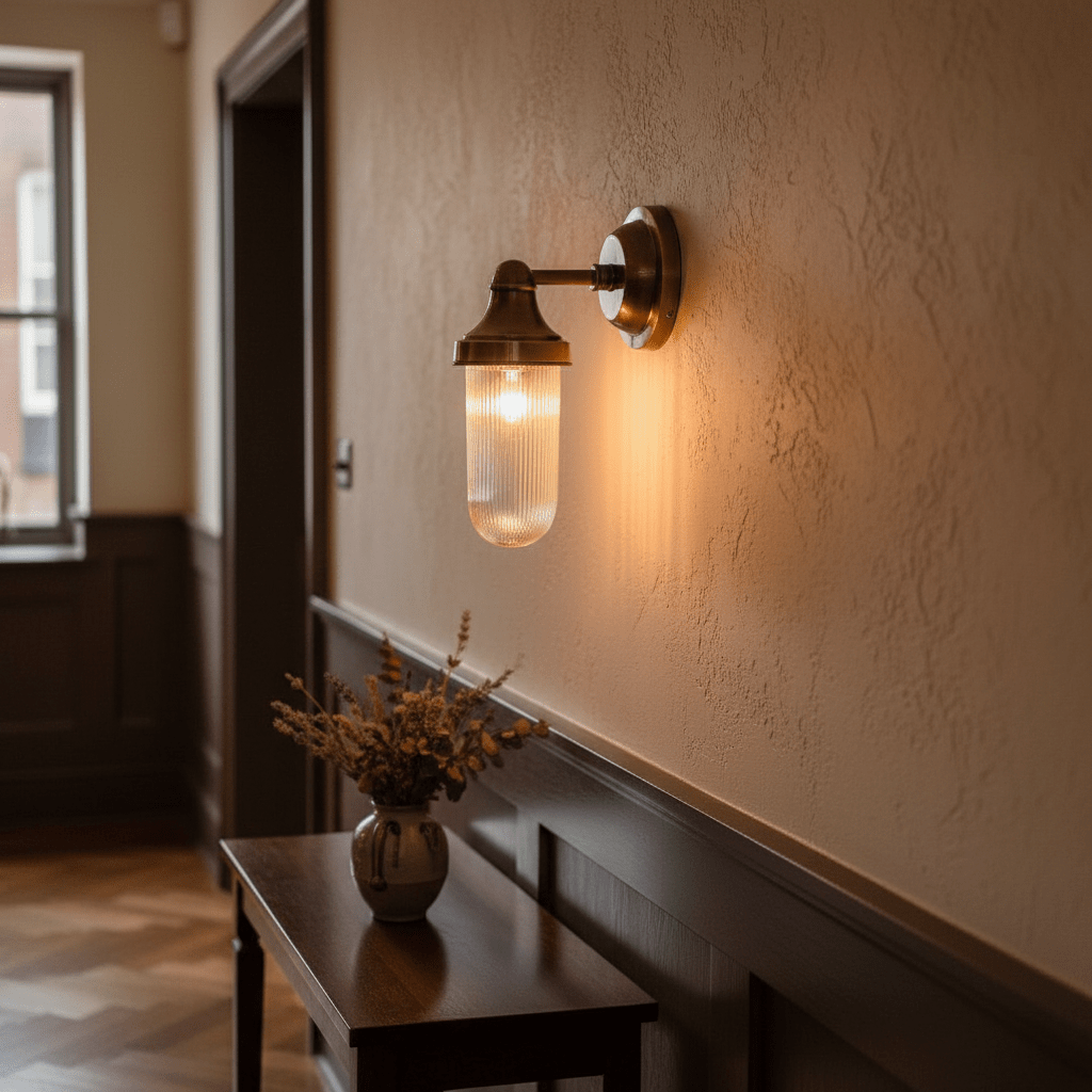 Fabio Hanging Wall Lamp in antique brass illuminating a hallway with a decorative vase on a table.