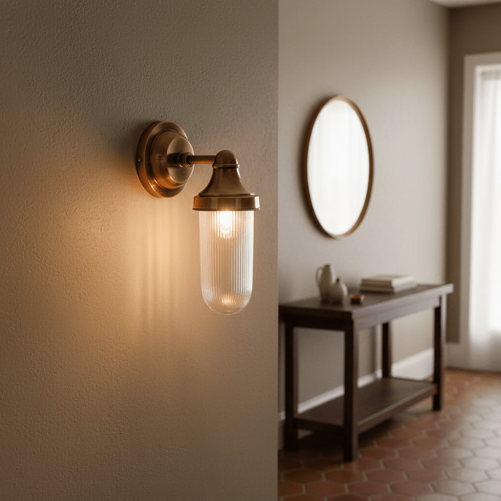 Fabio Hanging Wall Lamp in antique brass with clear glass diffuser, illuminating a stylish indoor setting.