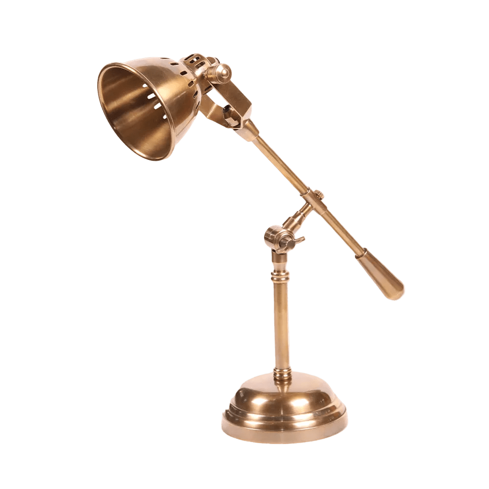 Antique brass desk lamp with adjustable shade, arm and round weighted base