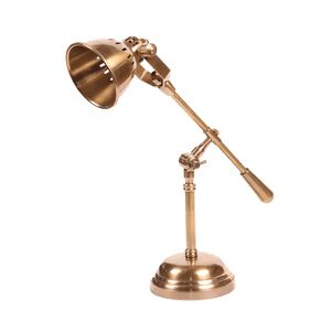 Antique brass desk lamp with adjustable shade, arm and round weighted base