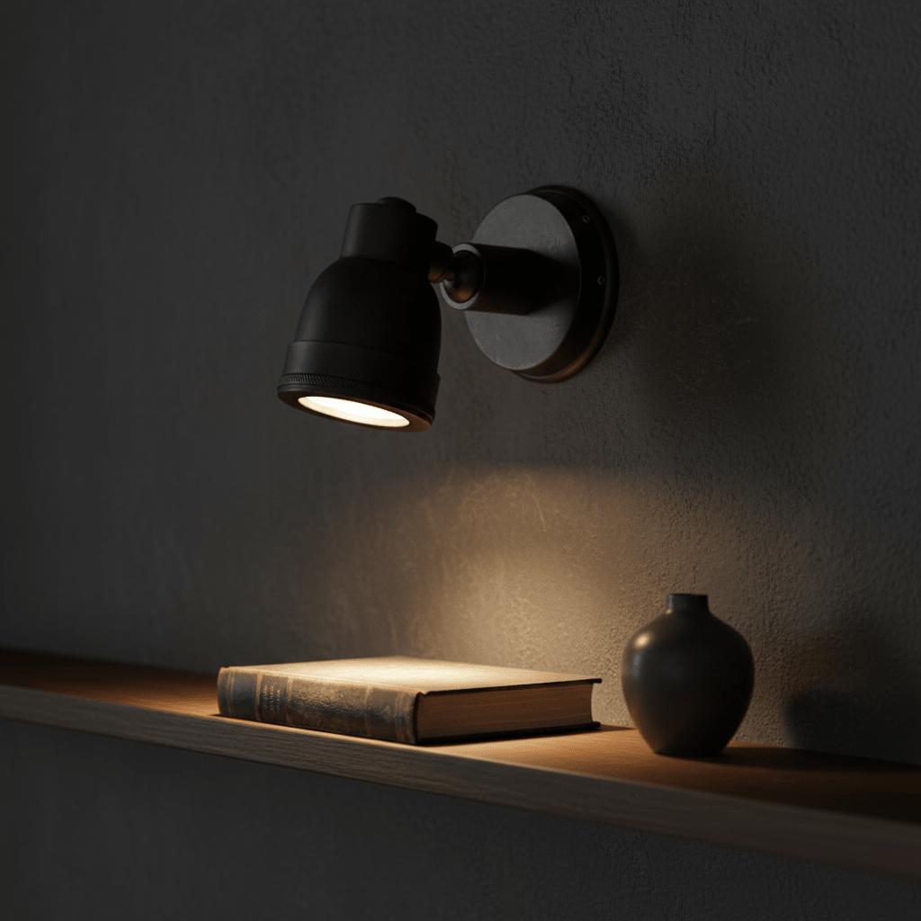Indigo Swirl Wall Lamp in matte black illuminating a book on a shelf, showcasing its rotatable shade.