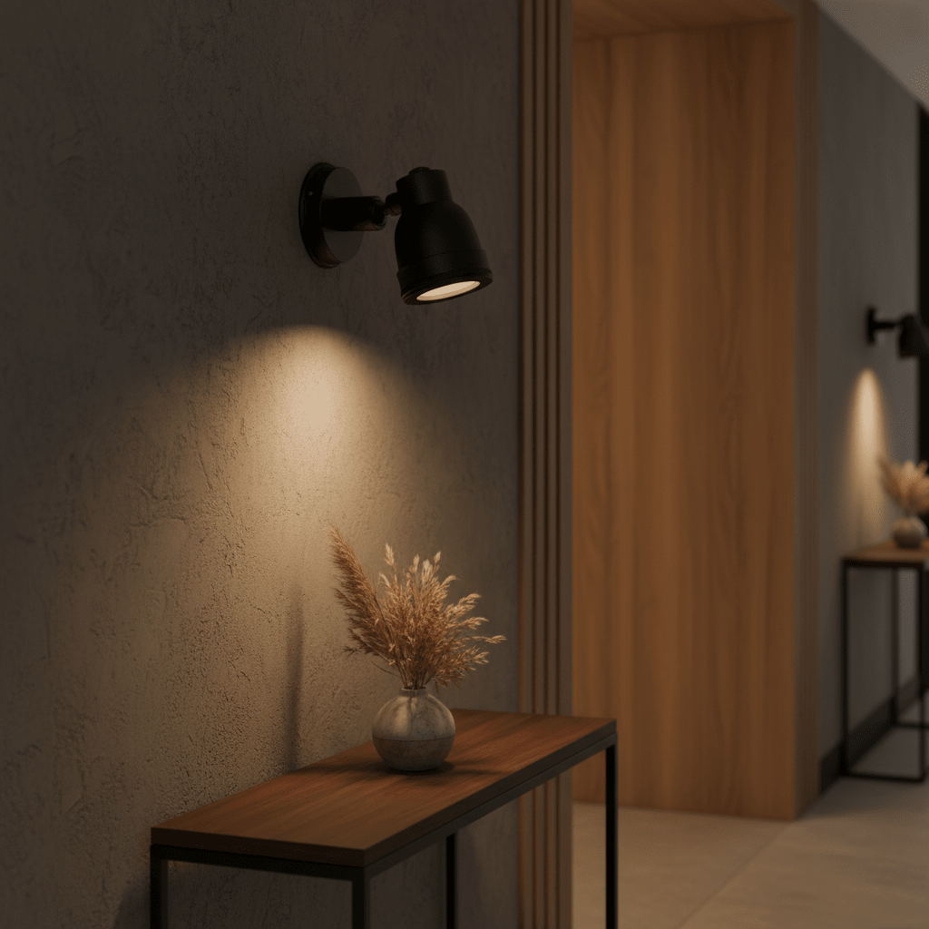 Indigo Swirl Wall Lamp in matt black mounted on a textured wall, illuminating a vase with dried plants on a wooden console.