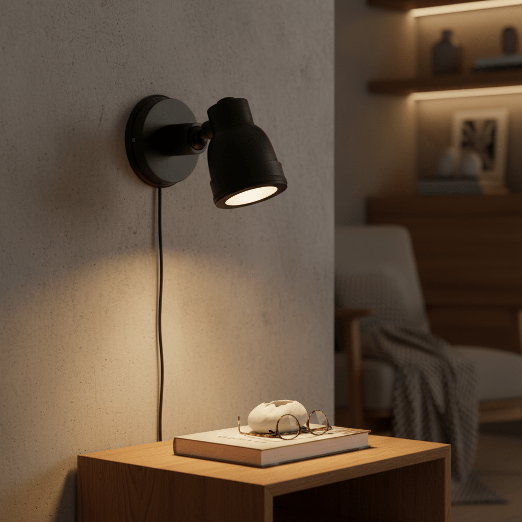 Indigo Swirl Wall Lamp in matt black mounted on a textured wall, illuminating a wooden side table with a book and glasses.