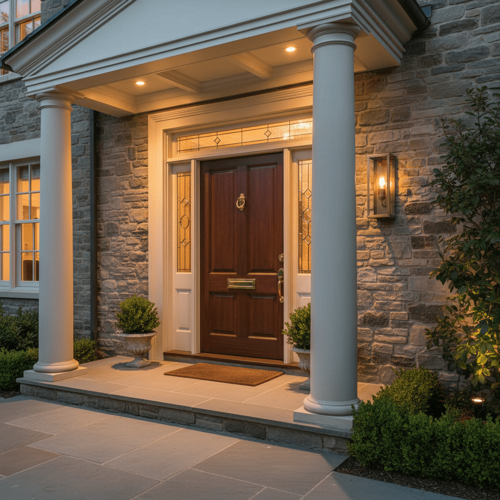 Belfort Lantern Box in antique brass mounted beside a covered entrance, illuminating the doorway.