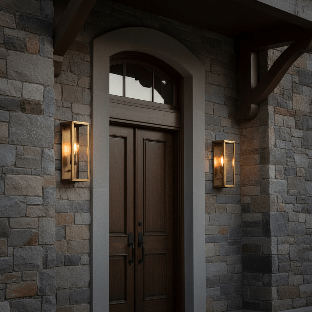 Belfort Lantern Box in antique brass mounted beside a wooden front door on a stone wall.